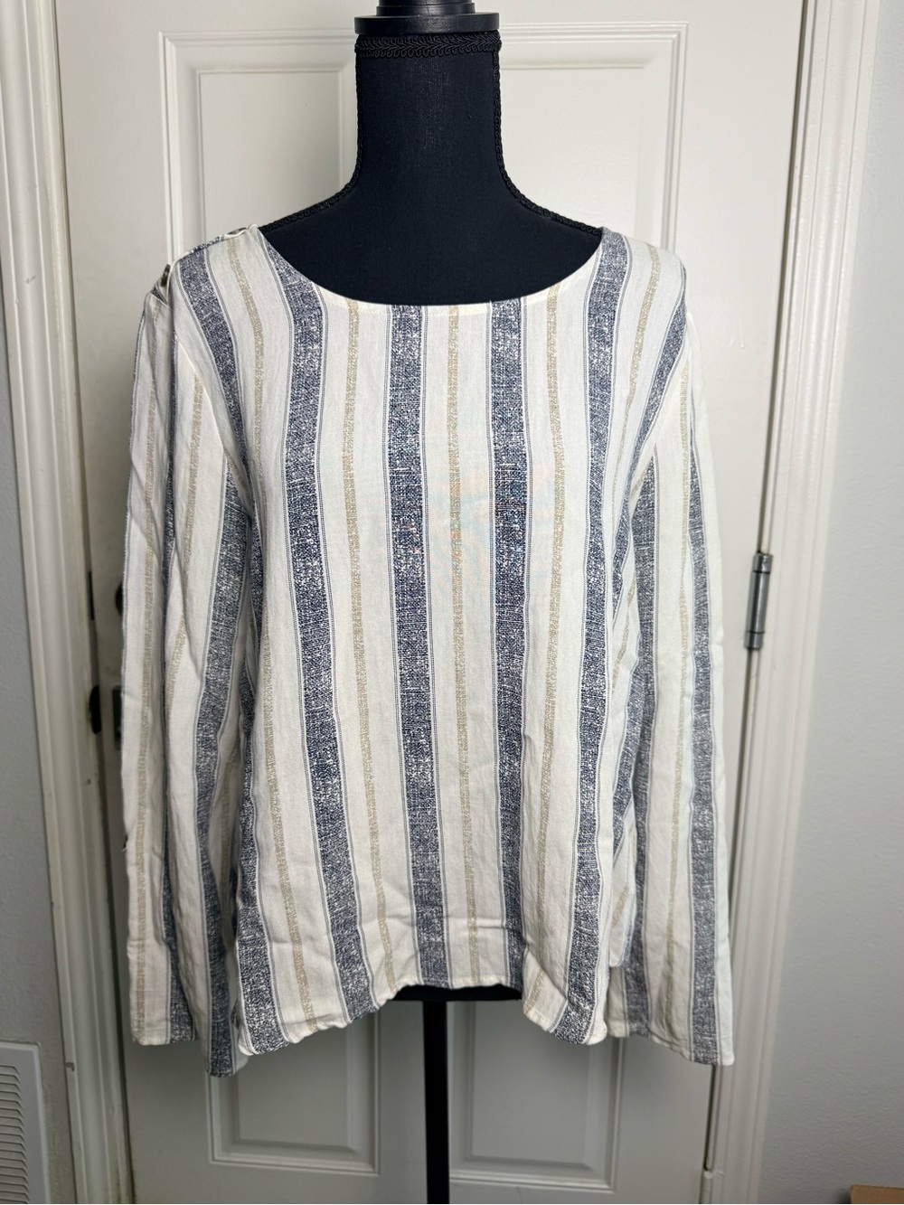 Striped Button-Shoulder Women's Tunic Style Blouse - Cream & Blue